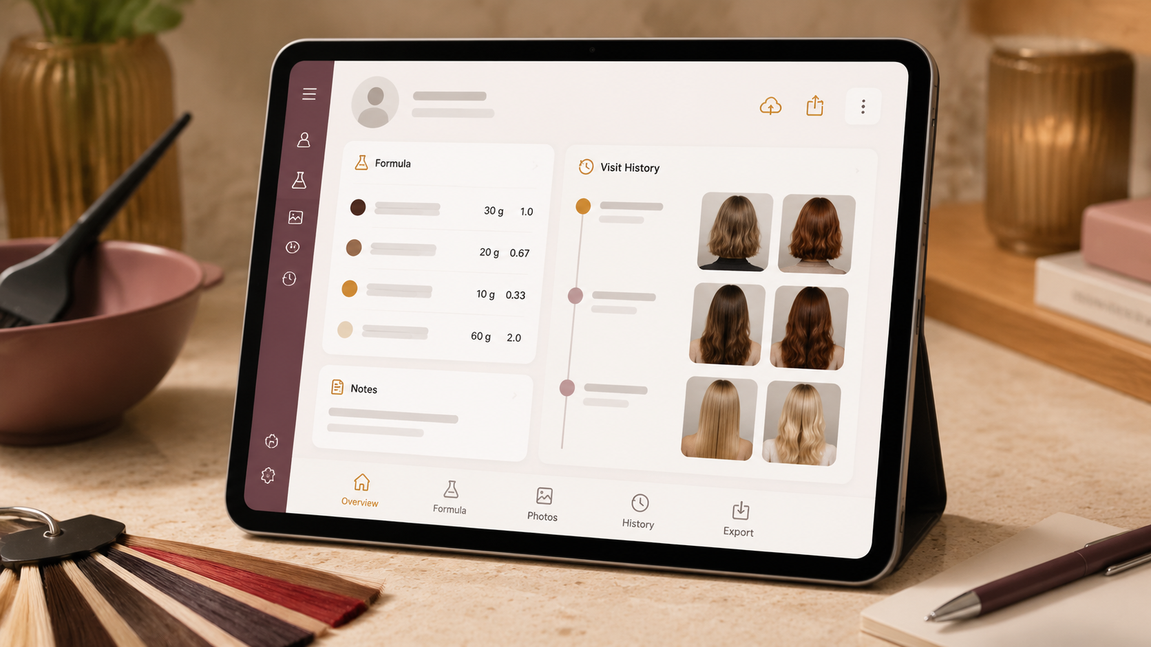 Formula Cards workflow visual showing structured formula lines, visit history, photo thumbnails, and export cues.