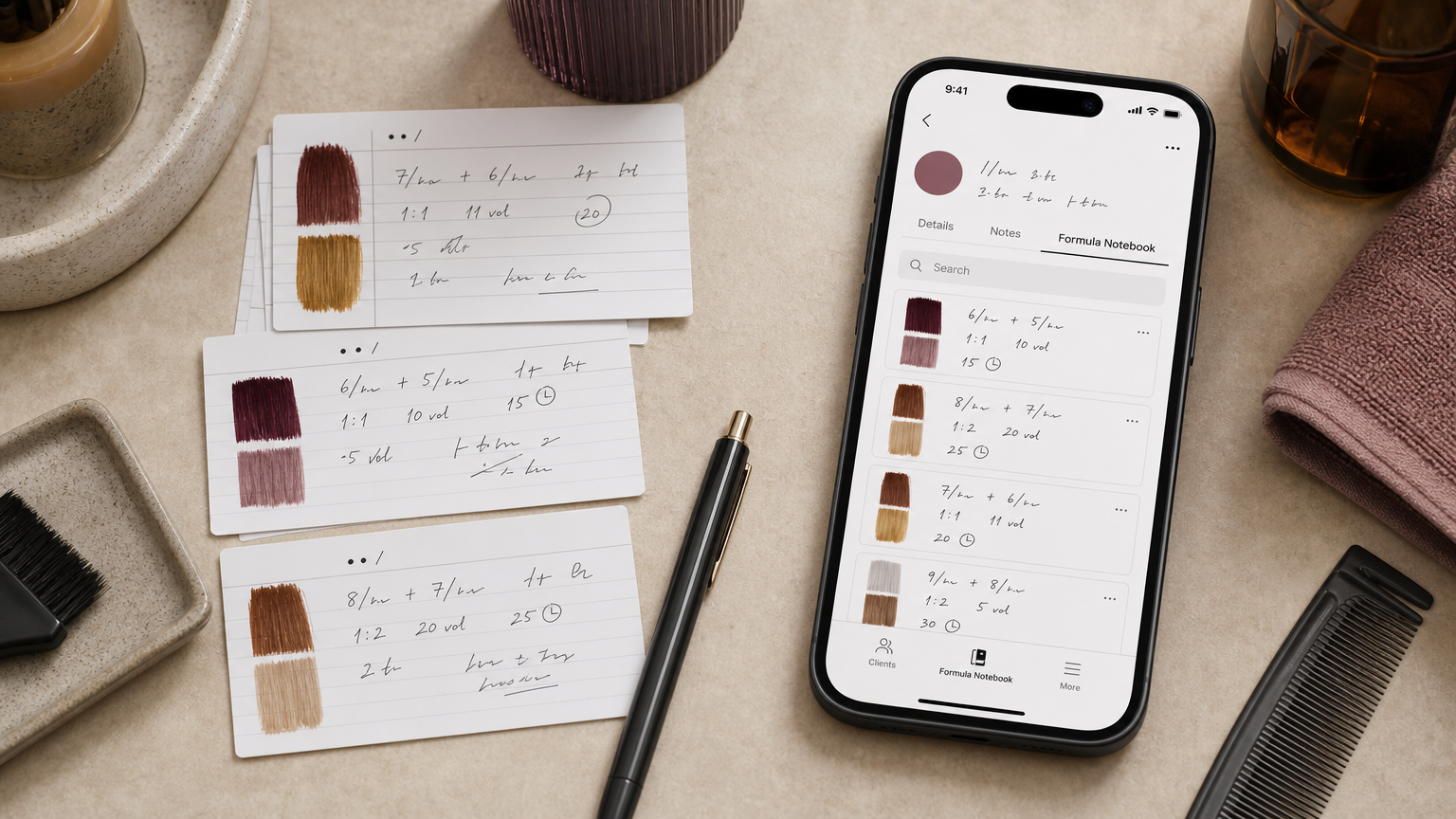 Paper hair color formula cards organized beside a modern phone app screen.
