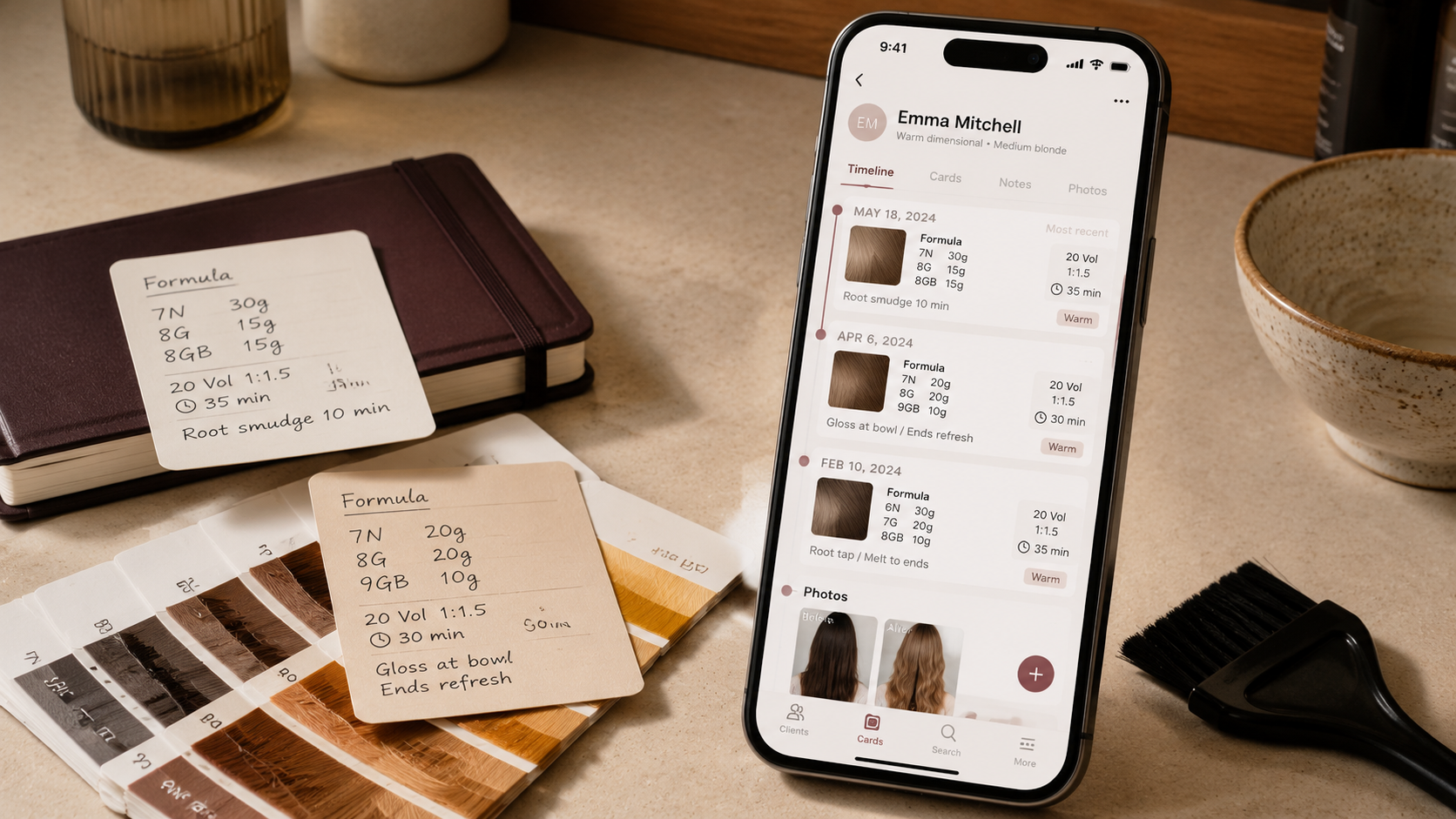 Formula Cards product mockup showing a phone app screen, formula cards, color swatches, and a salon-counter workspace.